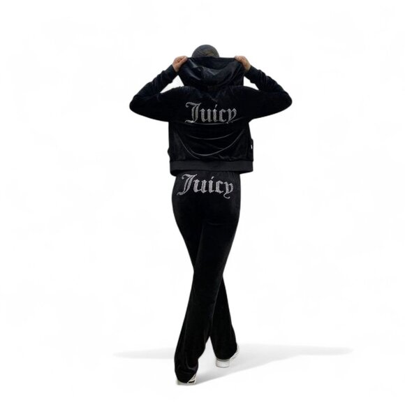 JUICY COUTURE Velour Tracksuit Matching 2 PC Set Bling Sweatsuit Black NWT - Picture 3 of 14